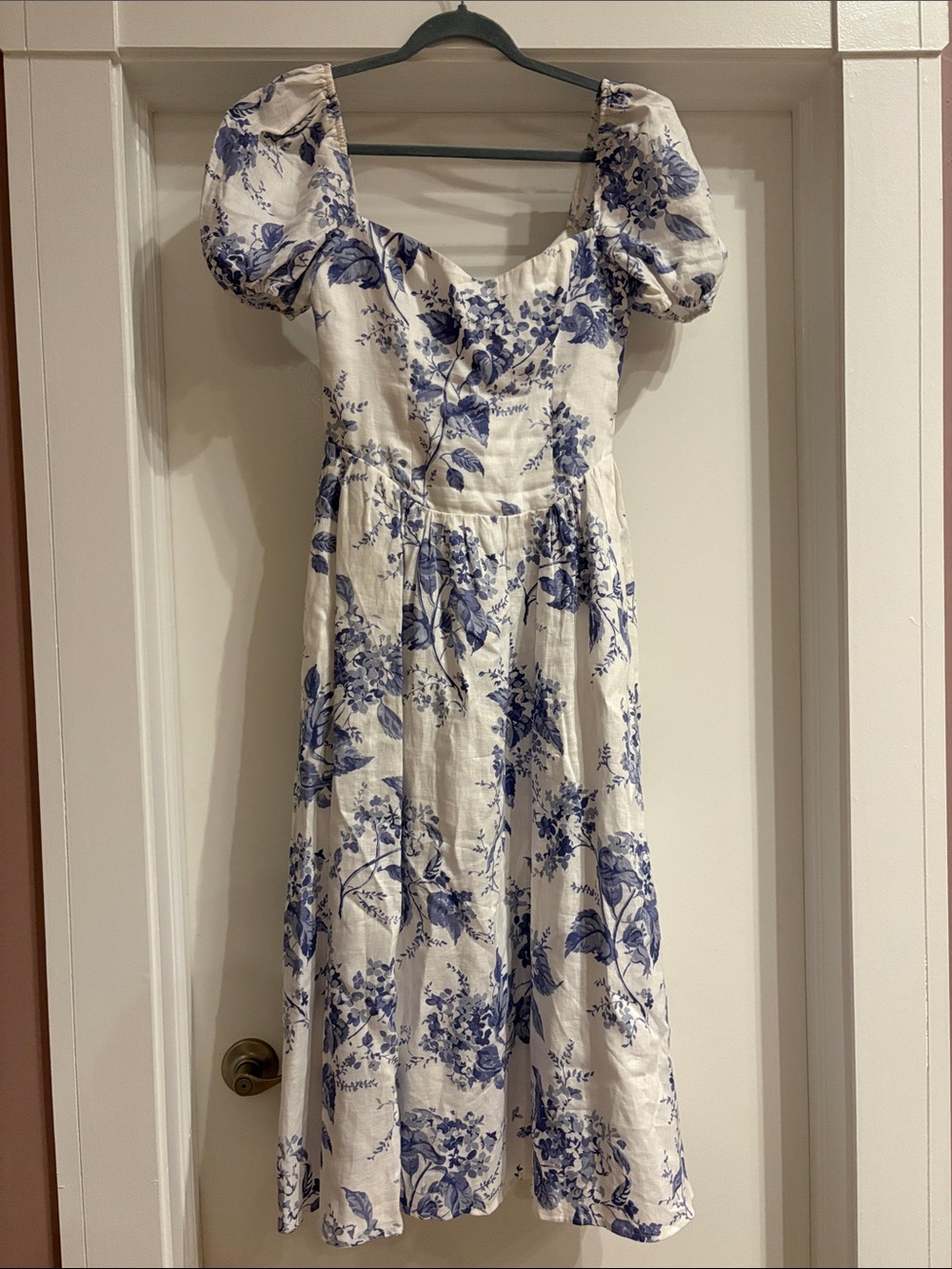 Reformation Linen Floral Puff-Sleeve Midi Dress, Size 4